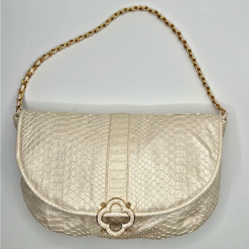 Cream and Gold Textured Shoulder Bag with Chain Handle